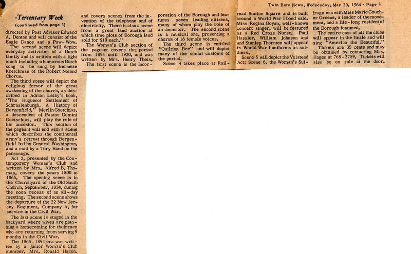 Newspaper Clipping Twin Boro News May 20 1964 Tercentenary Week Opens in Bergenfield Saturday 2.jpg