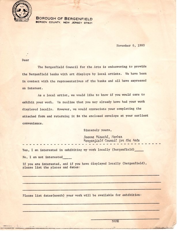 Letter to local artists gauging interest in exhibiting work in Bergenfield Nov 6 1980.jpg