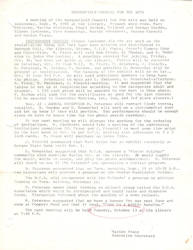 Bergenfield Council for the Arts minutes September 9 1981.jpg