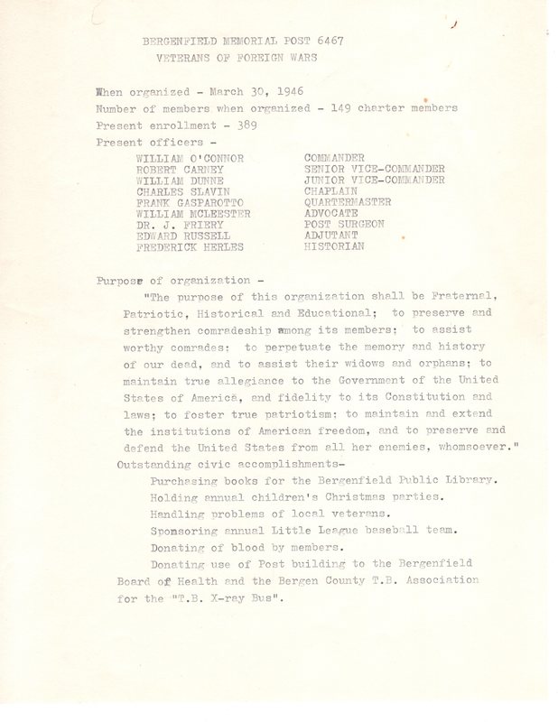 Bergenfield Memorial Post #6467 Veterans of Foreign Wars history membership and purpose by Post Historian Frederick Herles 1946 1.jpg