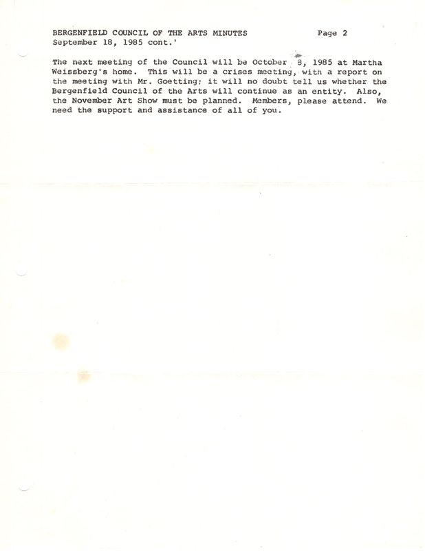 Bergenfield Council for the Arts minutes September 18 1985 P2.jpg