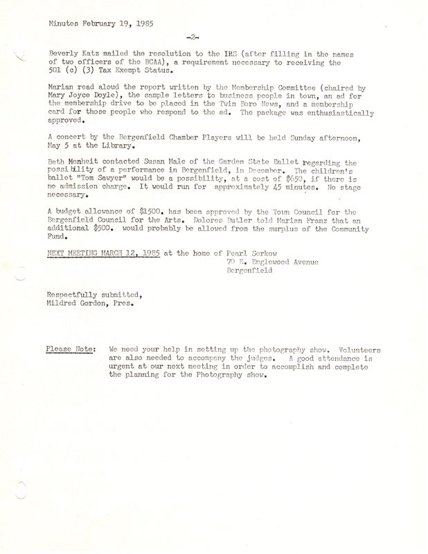 Bergenfield Council for the Arts minutes February 19 1985 P2.jpg