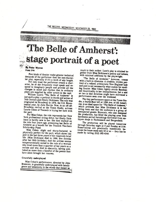 The Belle of Amherst Stage Portrait of a Poet newspaper clipping The Record Nov 23 1983.jpg