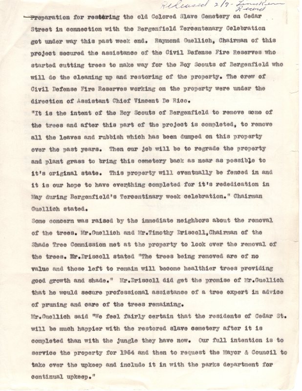 Announcement of preparation for restoration of slave cemetery authored by Raymond Guellich February 11 1964 1.jpg