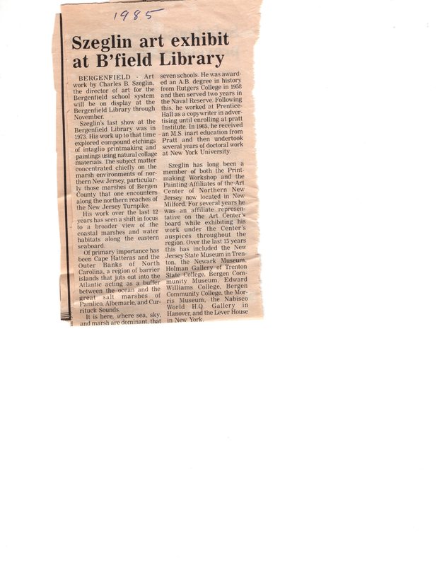 Szeglin Art Exhibit at Bfield Library newspaper clipping 1985 P1 top.jpg