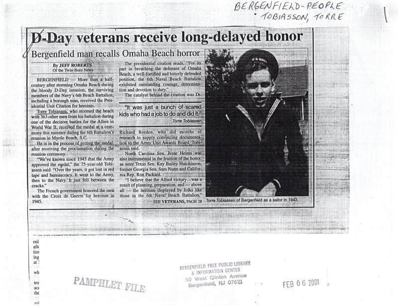 Tobiassen Torre D Day veterans receive long delayed honor Bergenfield man recalls Omaha Beach horror twin boro news Feb 6 2001 1.jpg