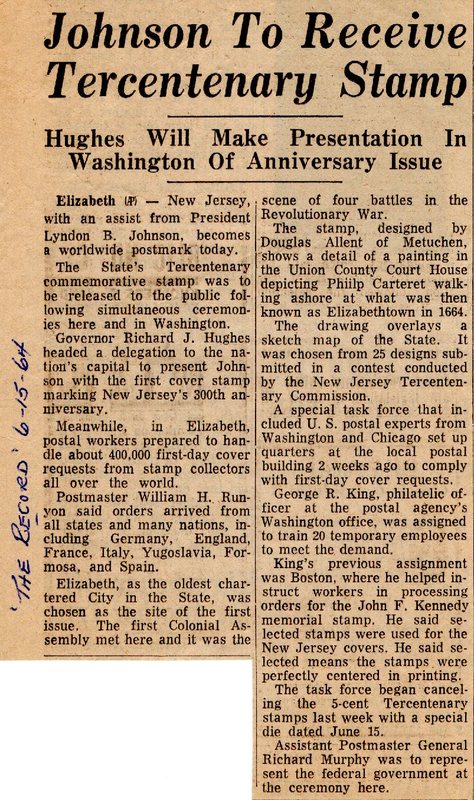 Newspaper Clipping The Record June 15 1964 Johnson to Receive Tercentenary Stamp.jpg