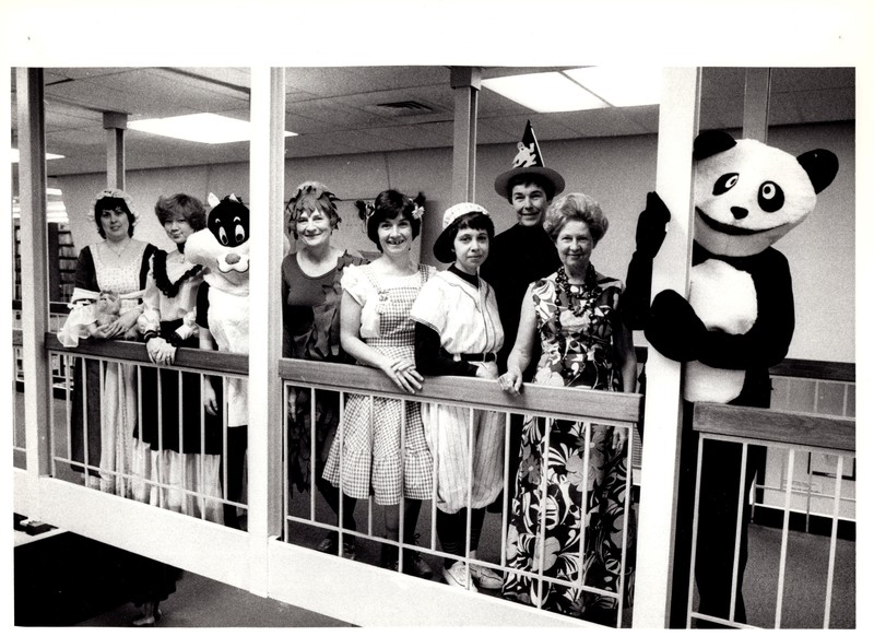 1 black and white photograph Library staff dressed in Halloween Costumes 1979.jpg