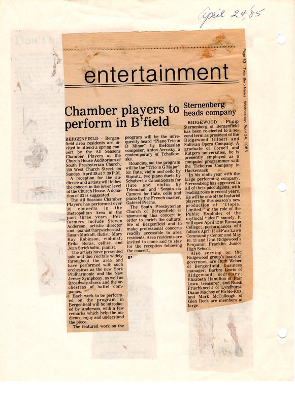 Chamber Players to Perform in Bfield newspaper clipping Twin Boro News April 24 1985.jpg