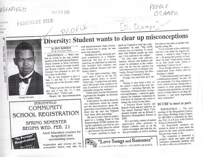 Ocampo Osbert Diversity Student wants to clear up miconceptions twin boro news Jan 31 2001.jpg