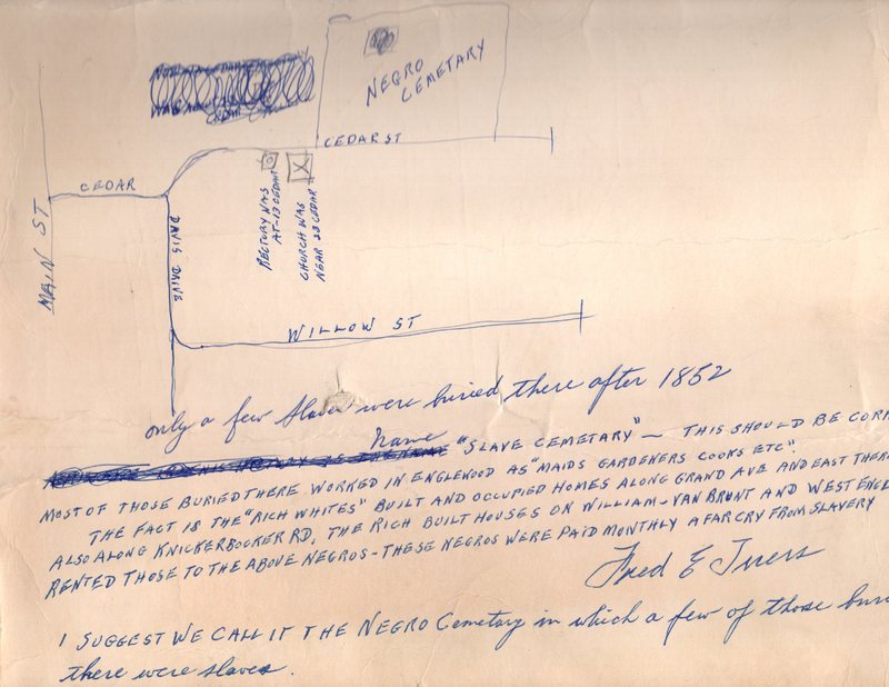 1 schematic 12 x 17 titled Negro Church Cedar St. Bergenfield NJ drawn from memory by Fred Tuers June 9 1969. Handwritten notes and hand drawn map on back 3.jpg