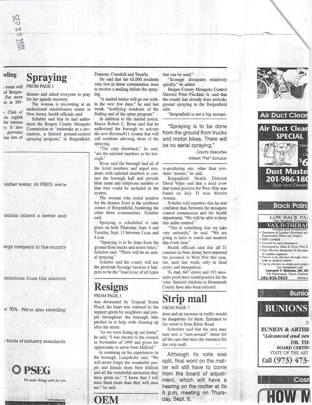 Spraying for West Nile Set to Begin newspaper clipping Sept 5 2001 2.jpg