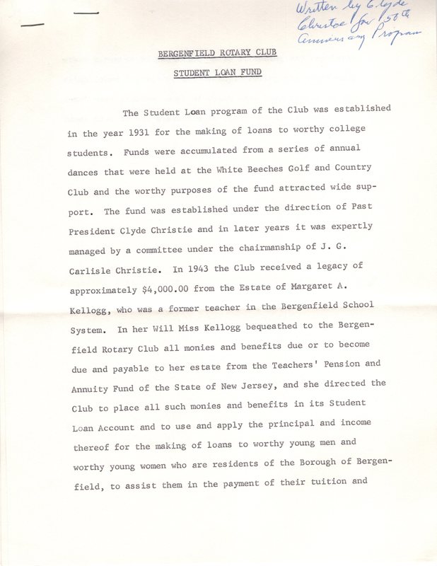 Bergenfield Rotary Club Student Loan Fund and Bergenfield Rotary Club and the Christie Family typewritten 4 pages undated 1.jpg
