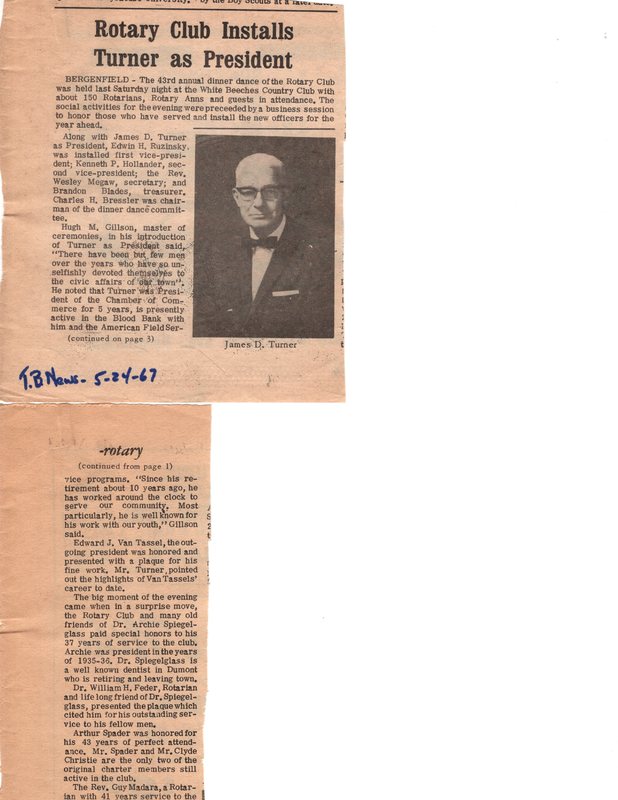 Rotary Club installs Turner as President Twin Boro News newspaper clipping undated.jpg