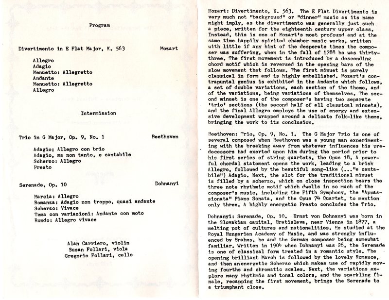 Program for the Carriero Follari Trio Concert at the Bergenfield Public Library February 20 1983 Pages 2 & 3.jpg