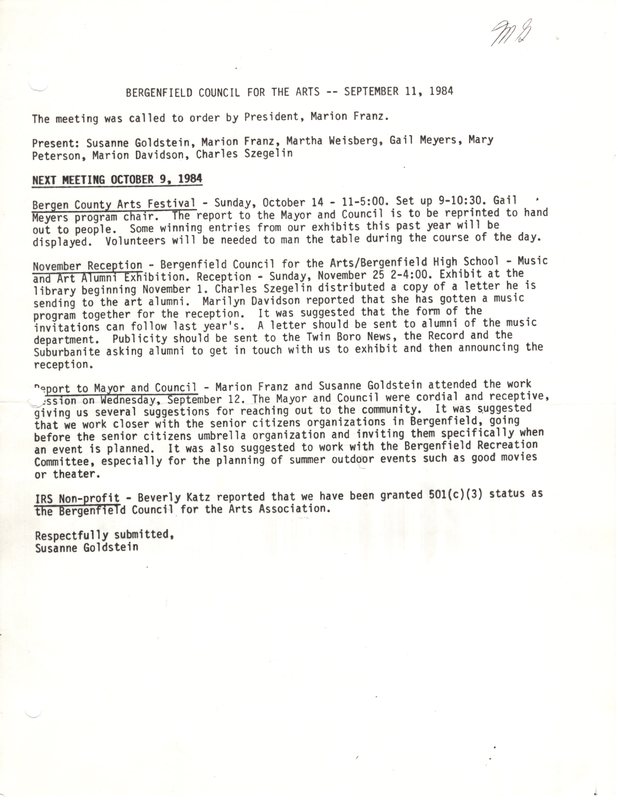 Bergenfield Council for the Arts minutes September 11 1984.jpg