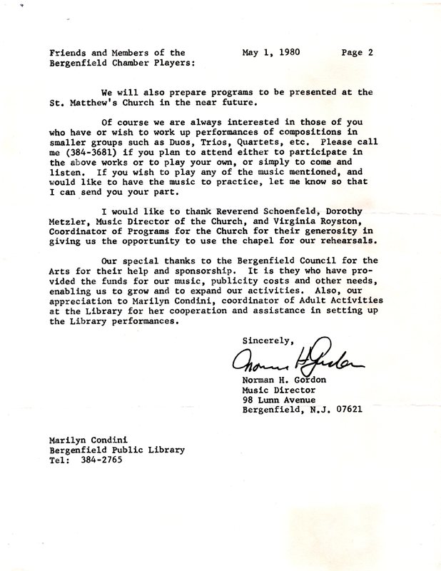 Letter from music director Norman H Gordon to Friends and Members of the Bergenfield Chamber Players May 1 1980 page 2.jpg