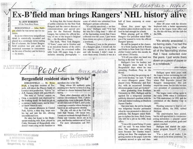 Halligan John Ex Bfield man brings Rangers NHL history alive February 7 2001.jpg