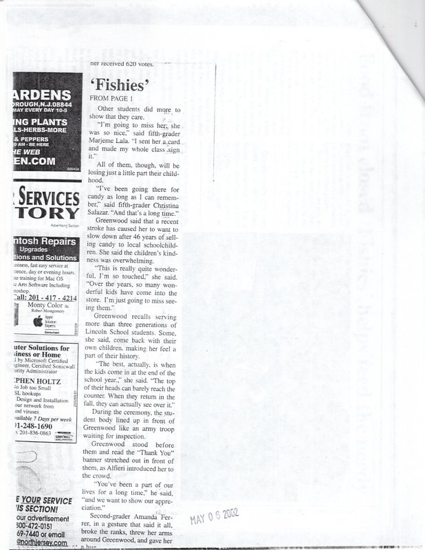 Greenwood Jeanette Farewell to Fishies students honor store owner twin boro news may 6 2002 2.jpg
