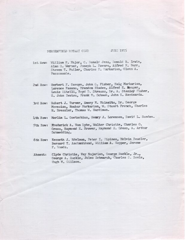 1 black and white photograph 8 x 8 Rotary Club Members and List Identifying Members June 1975 2.jpg