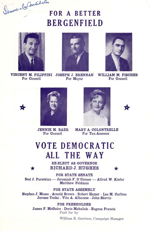 For a Better Bergenfield Vote Democratic All the Way one page flier Vincent Filippini Joseph Brennan William Fischer Jennie Baier and Mary Colontrelle undated 1.jpg