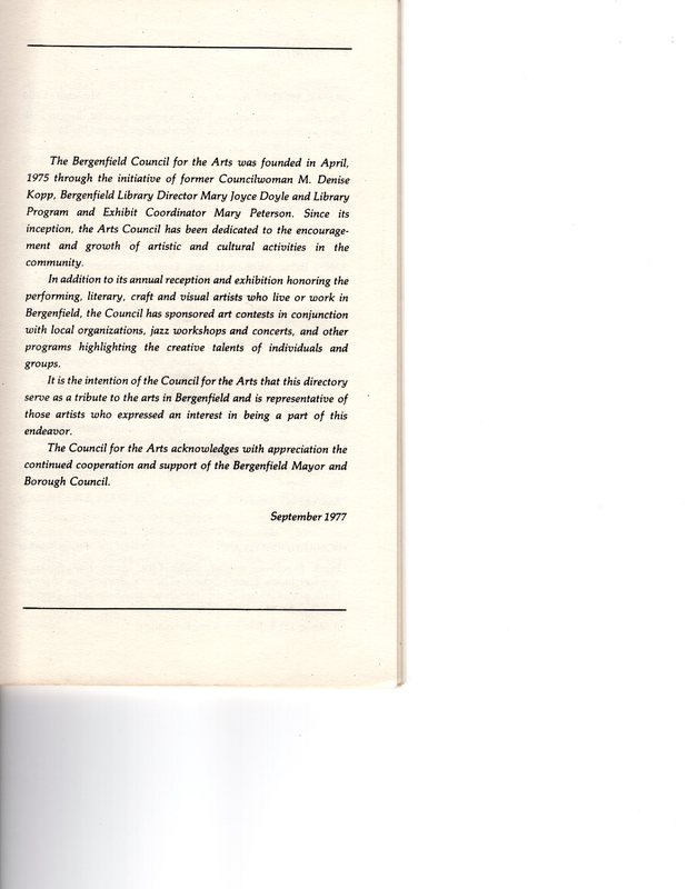 “Artists in Residence” booklet listing of performing, visual, crafts and literary artists in Bergenfield, 1977 P2.jpg