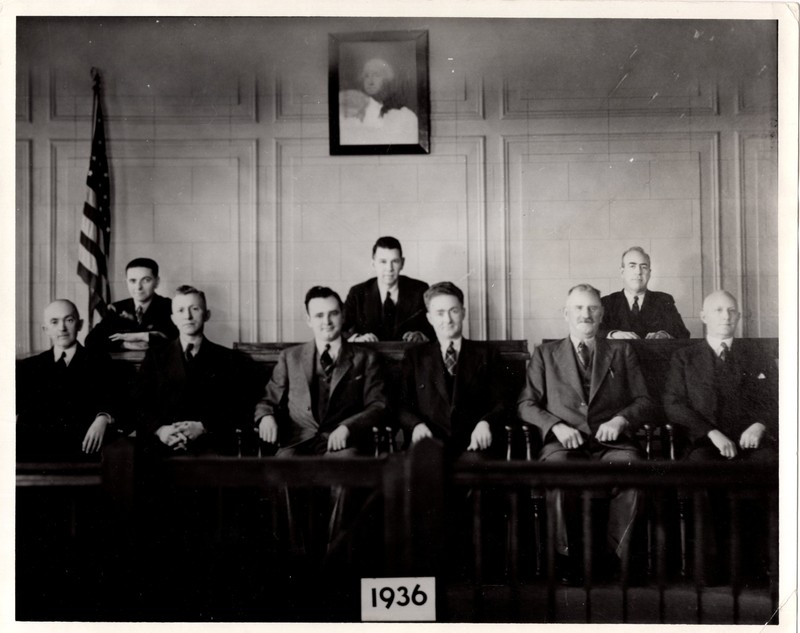 Black and white photograph (8x10) Mayor and Council, pictured Benjamin Dudley (Council) Pierce Deamer (borough attorney) William C. Puder (council) John Regan (council) 1 of 3.jpg