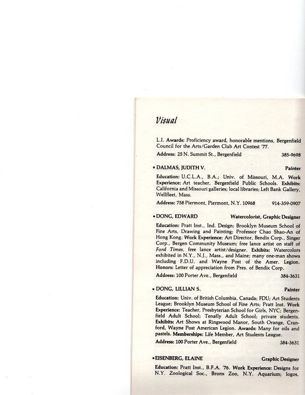 “Artists in Residence” booklet listing of performing, visual, crafts and literary artists in Bergenfield, 1977 P13.jpg