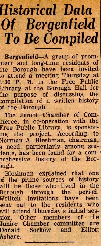 Newspaper Clipping Bergen Evening Record November 28 1959 Historical Data Of Bergenfield To Be Compiled.jpg