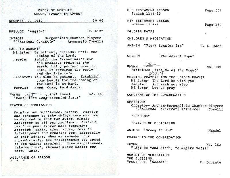 South Presbyterian Church Order of Worship Program December 7 1980 Pages 2 & 3.jpg