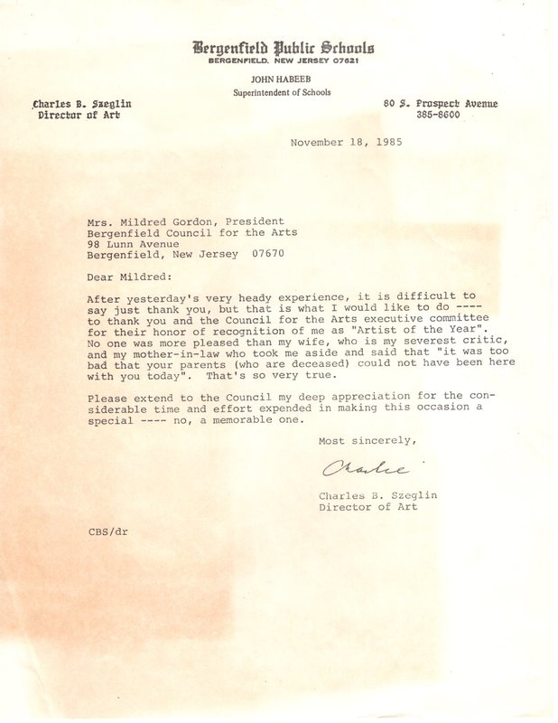 Correspondence thank you letter from Charles B Szeglin to Mrs Mildred Gordon president Bergenfield Council for the Arts.jpg