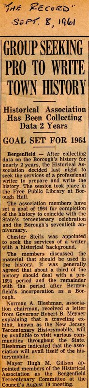 Newspaper Clipping The Record September 8 1961 Group Seeking Pro To Write Town History.jpg