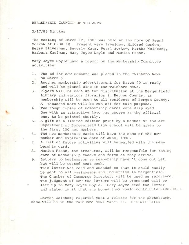 Bergenfield Council for the Arts minutes March 12 1985 P1.jpg