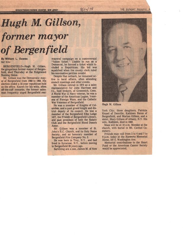 Hugh M Gillson Former Mayor of Bergenfield obituary The Sunday Record newspaper clipping August 20 1978.jpg