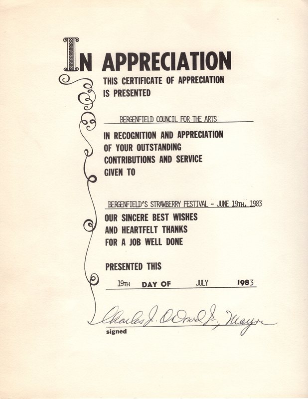 Certificate of Appreciation Bergenfield Strawberry Festival June 19 1983.jpg
