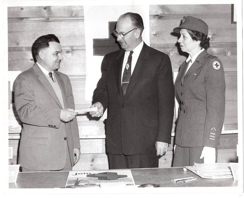 Mayor Meyer and American Red Cross Volunteer and unidentified subject Undated.jpg