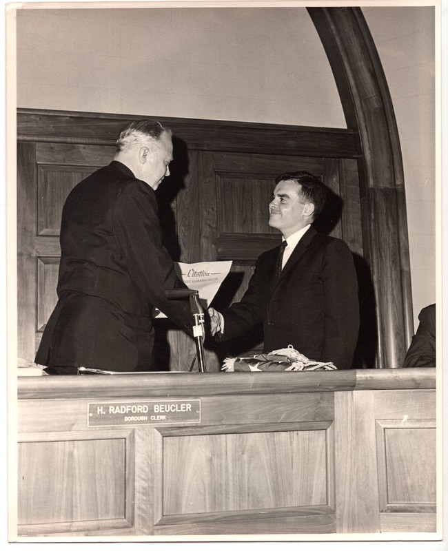 1 black and white photograph (8x10) Mayor Edward Meyer swearing in by Borough clerk H. Radford Beucler, undated.jpg