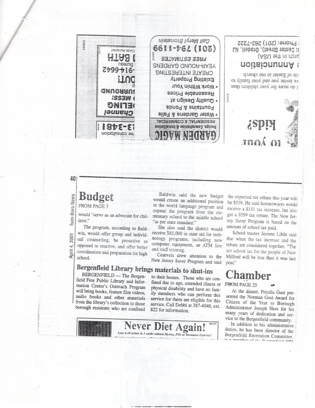Bergenfield Chamber Installs Deauna Twin Boro News newspaper clipping Oct 2 2001 p2.jpg