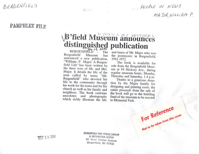 Major William P Bfield Museum announces distinguished publication Jan 12 2000.jpg