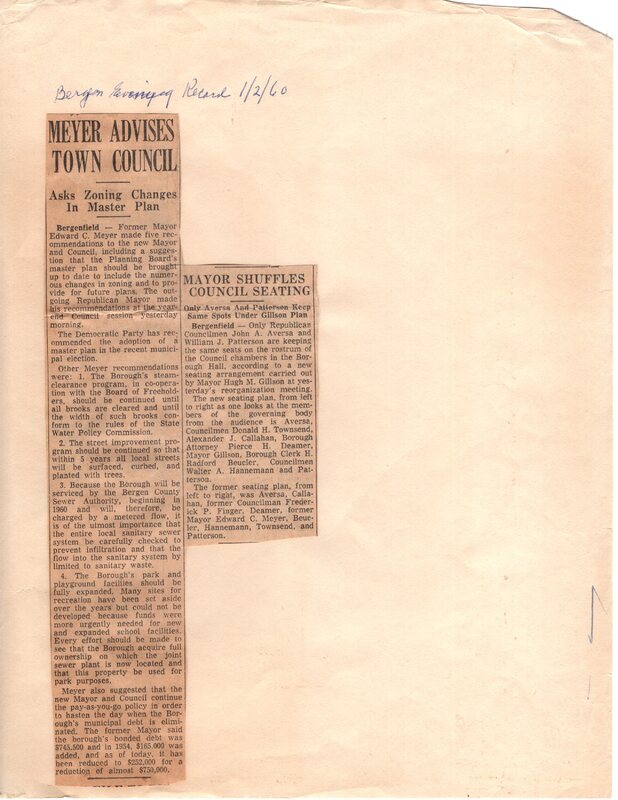 Meyer Advises Town Council and Mayor Shuffles Council Seating Bergen Evening Record newspaper clipping Jan 2 1960.jpg