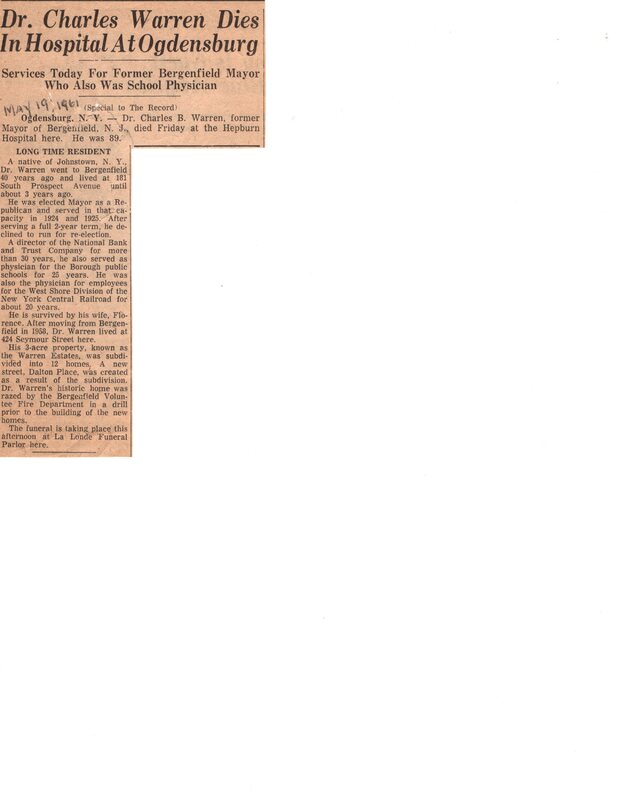 Dr Charles Warren Dies in Hospital at Ogdensburg Services Today for Former Bergenfield Mayor Who Was Also School Physician newspaper clipping May 19 1961.jpg