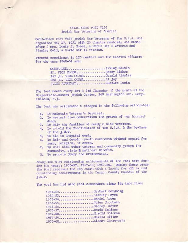 Gold Moses Post 654 Jewish War Veterans of the US history typewritten 4 pages plus cover letter Oct 23 1960 2.jpg