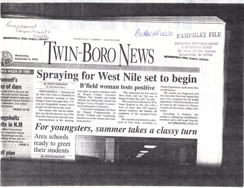 Spraying for West Nile Set to Begin newspaper clipping Sept 5 2001 1.jpg
