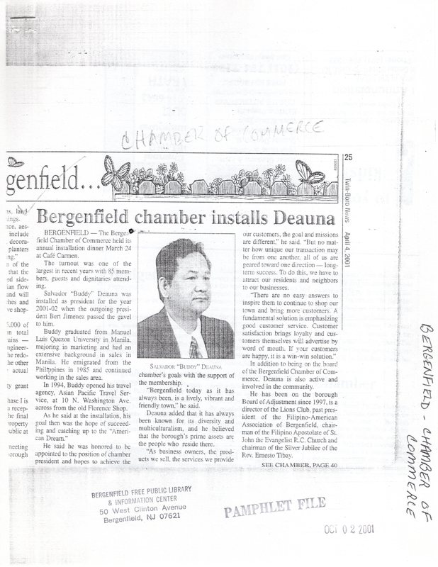 Bergenfield Chamber Installs Deauna Twin Boro News newspaper clipping Oct 2 2001 p1.jpg