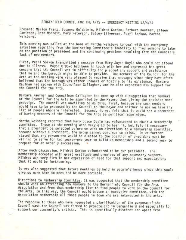 Bergenfield Council for the Arts minutes December 4 1984 P1.jpg