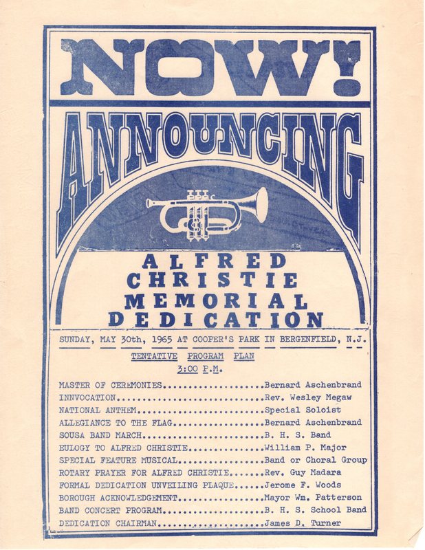 Alfred Christie Memorial Dedication flier Cooper s Park May 30 1965.jpg
