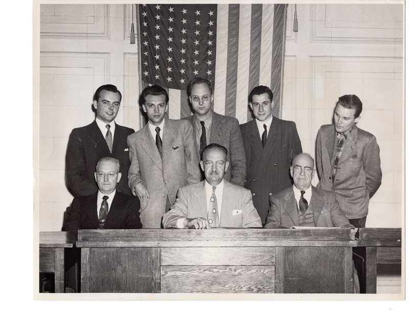 1 black and white photograph (8x10) Mayor Edward Meyer and West German students and workers who attended Council meeting as part of State Department sponsored exchange May 1954.jpg