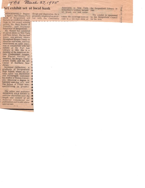 Arts Exhibit Set at Local Bank newspaper clipping Twin Boro News March 24 1985.jpg