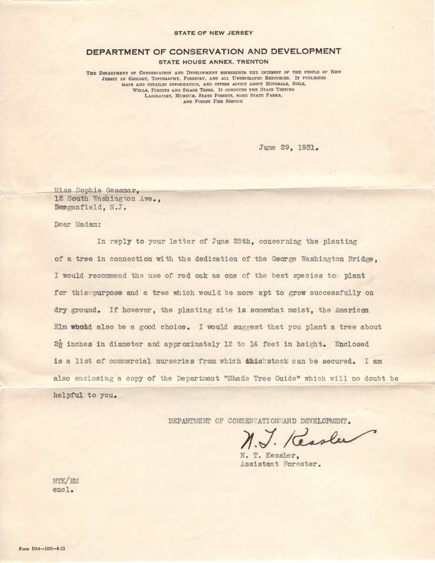 Letter from New Jersey Department of Conservation and Development to Miss Sophie Gessner regarding planting trees for the dedication of the George Washington bridge June 19 1931.jpg