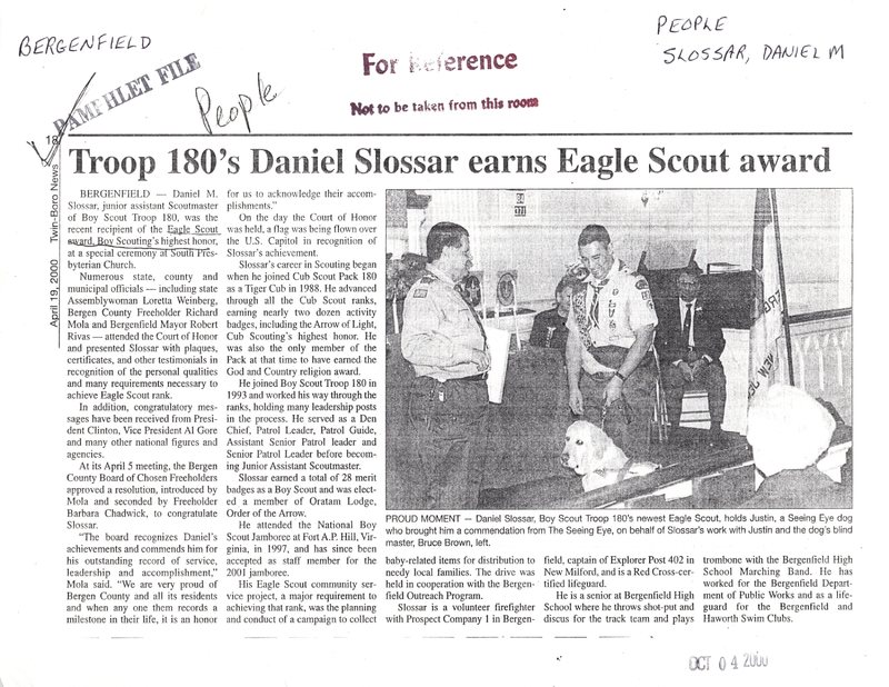 Slossar Daniel M Troop 180s Daniel Slossar Earns Eagle Scout Award twin boro news August 19 2000.jpg
